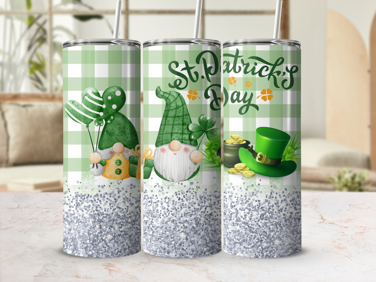 St. Patrick's Day gnomes with shamrocks and a leprechaun hat on a glittery tumbler.
