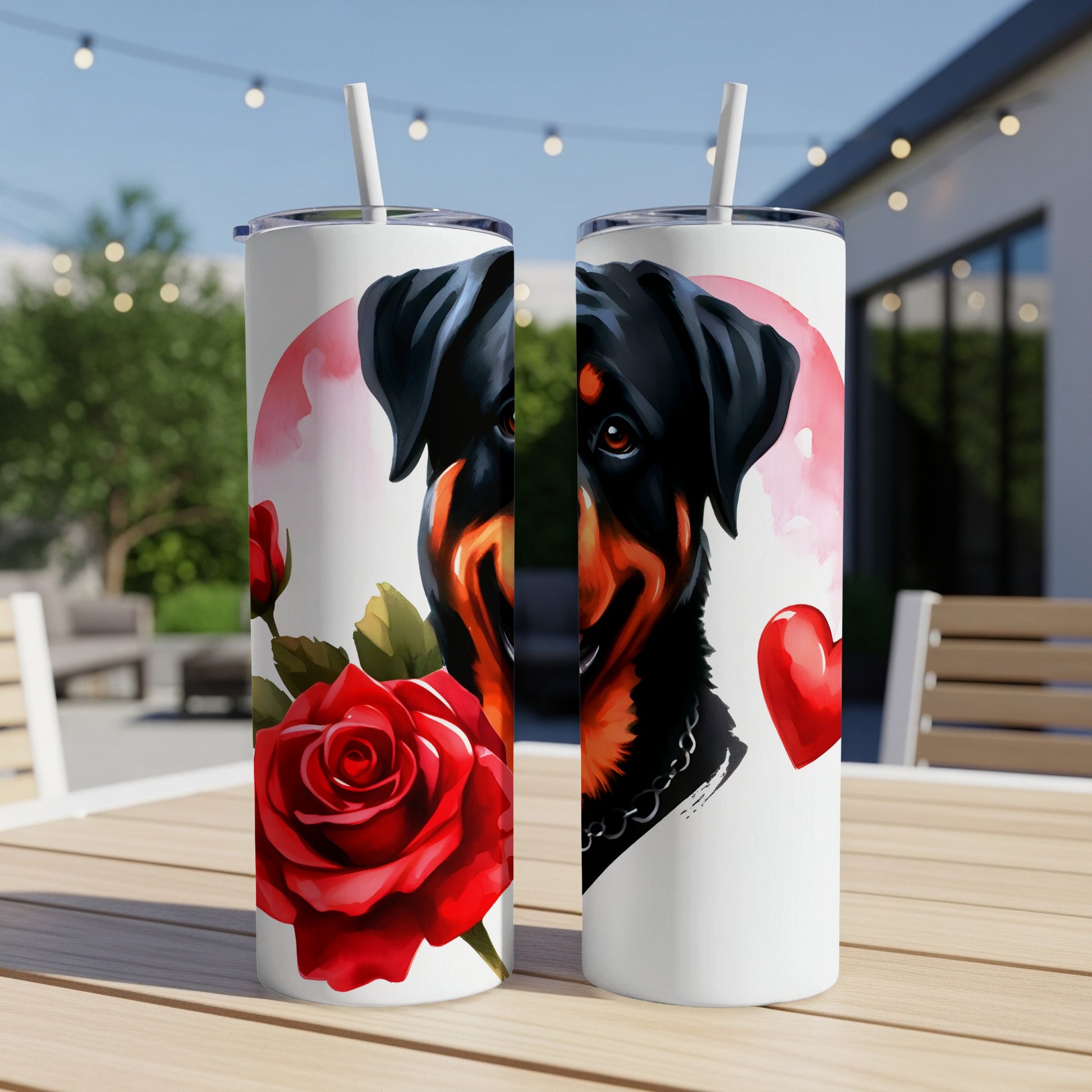 Rottweiler with rose and heart on a white tumbler.