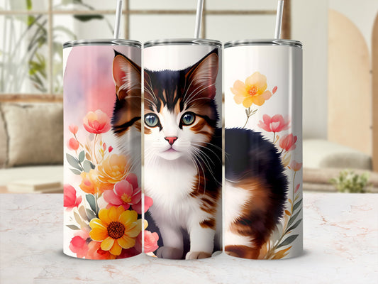 Cat with floral accents on a tumbler.