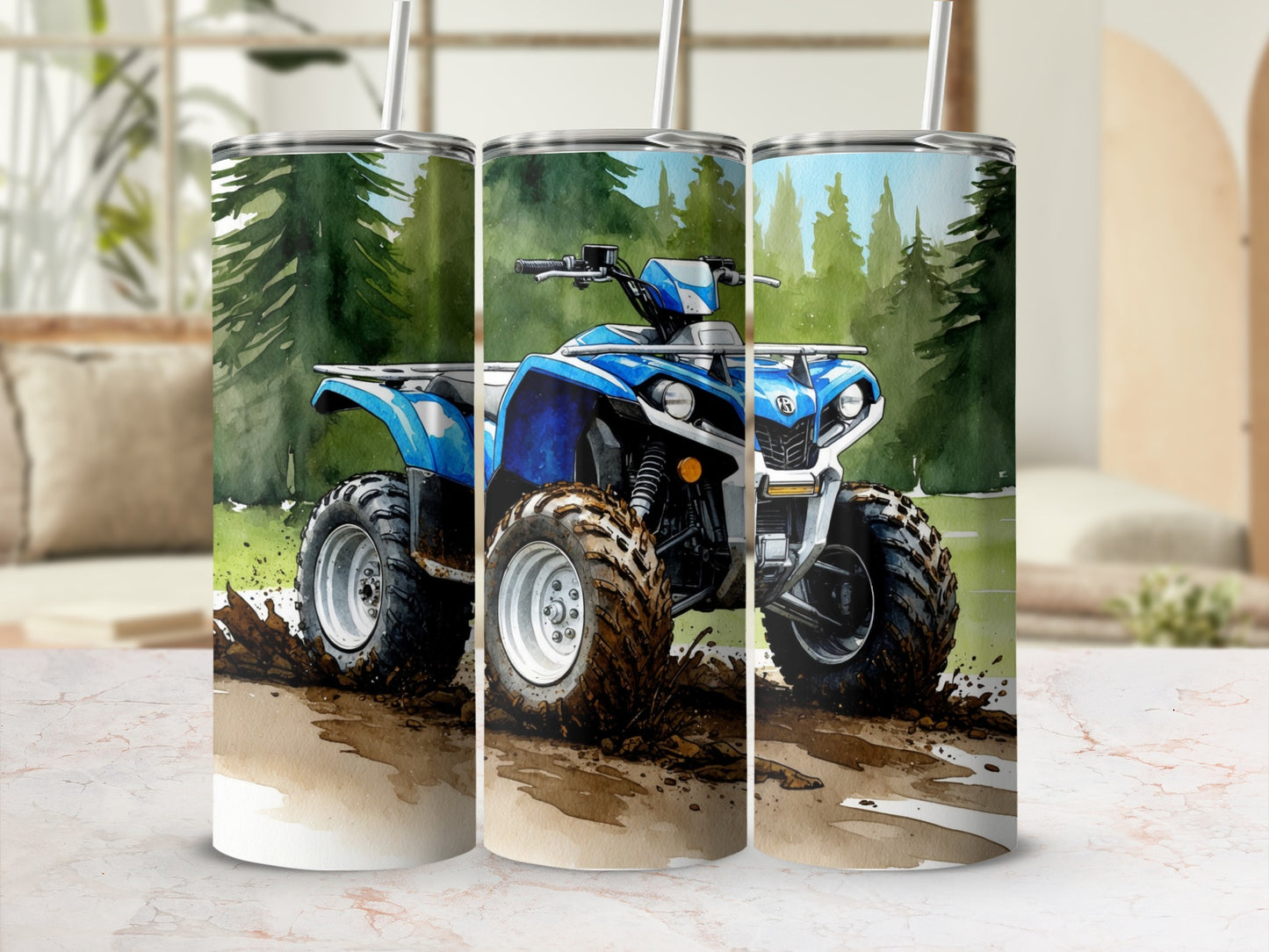 Blue ATV with muddy tires in a forest setting on a tumbler.