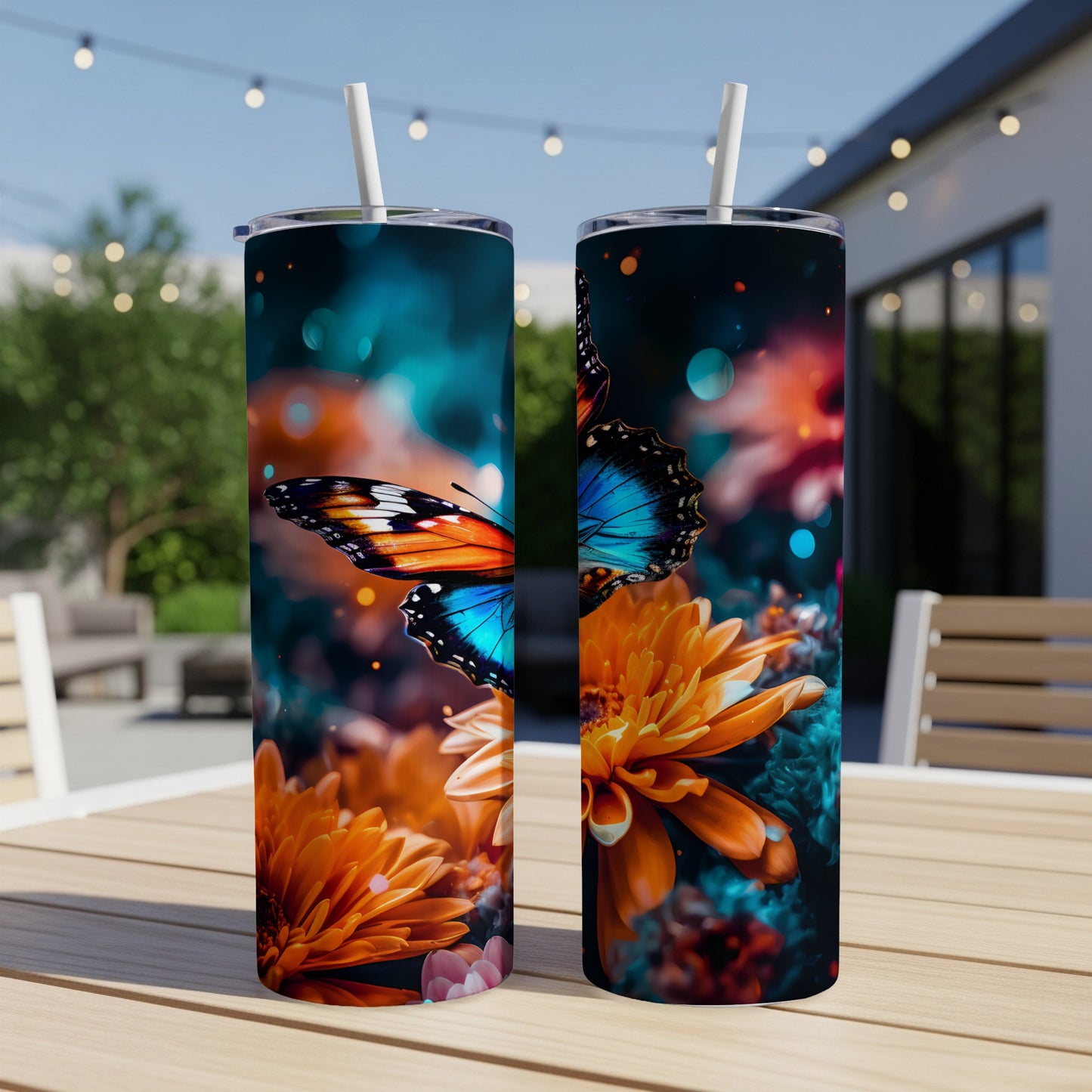 Two tumblers with orange and blue butterfly art on a patio table.