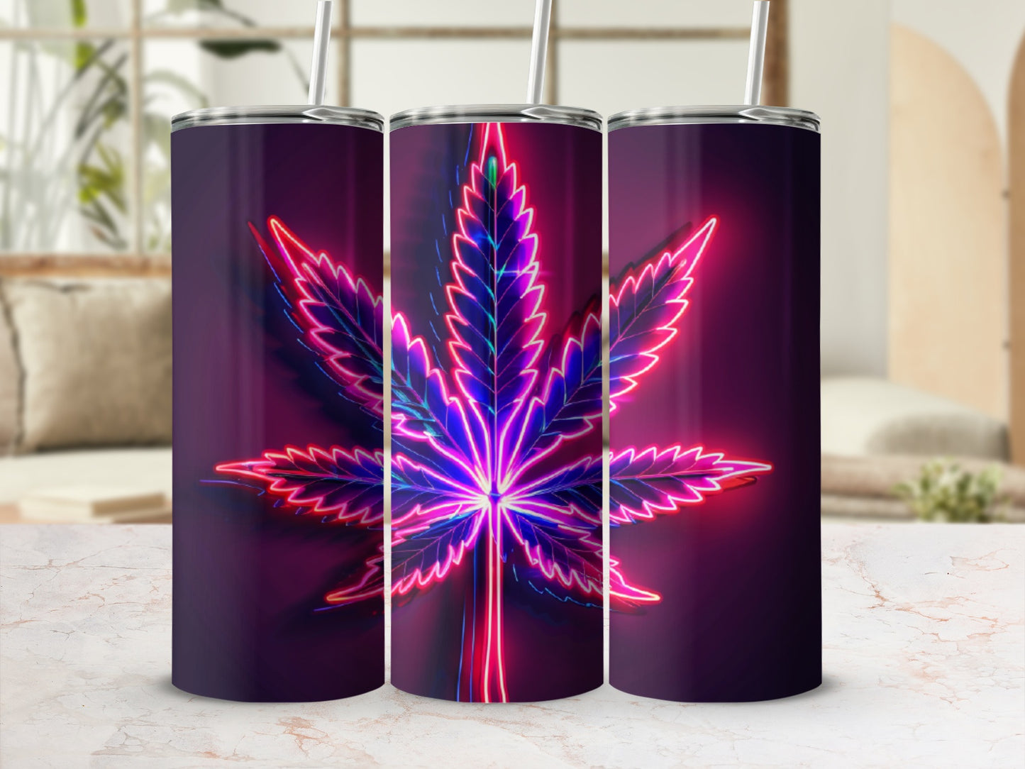 Purple and blue neon cannabis leaf on a dark background tumbler.