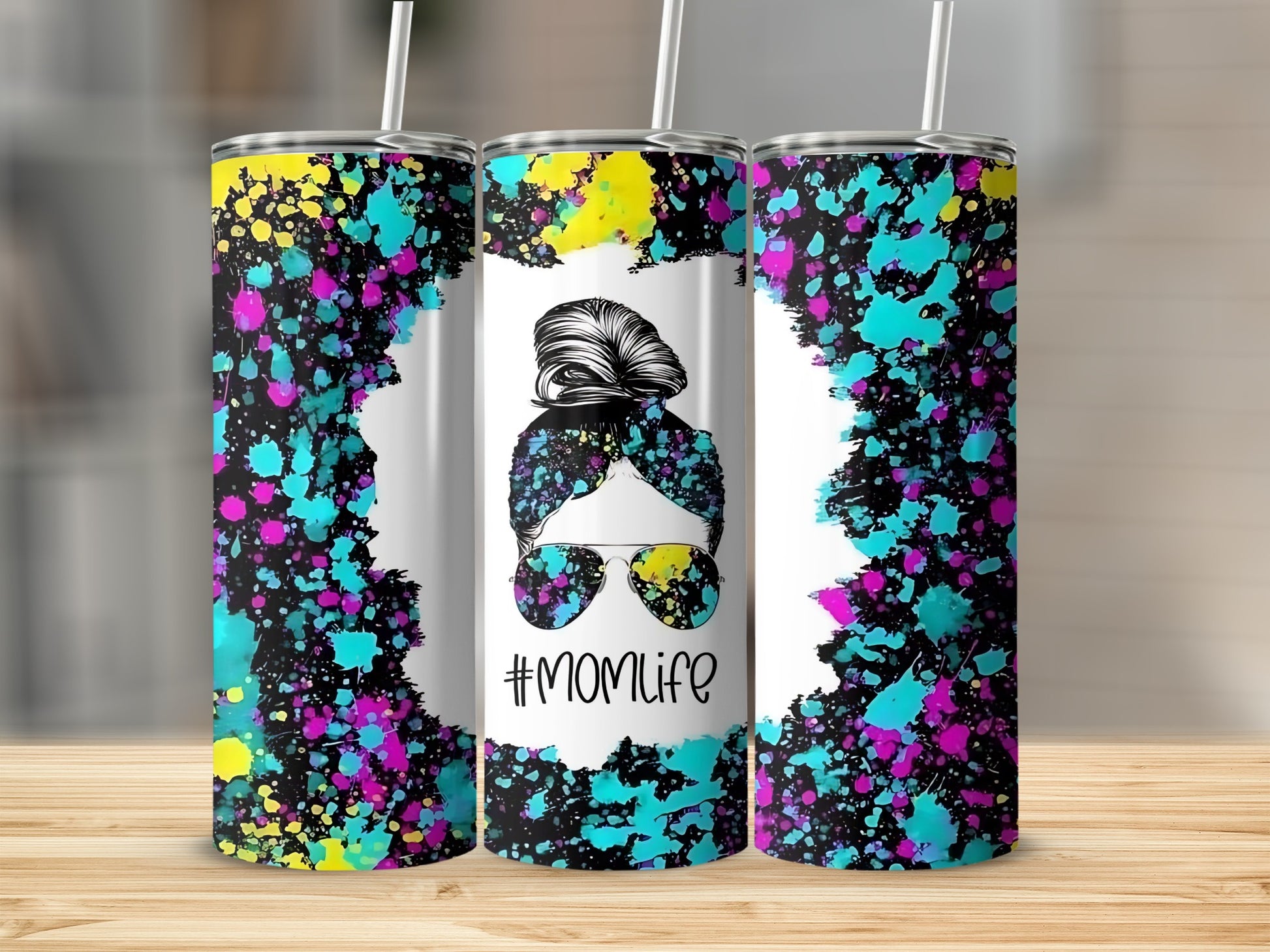 Vibrant Splatter Design with #Momlife Skinny Tumbler