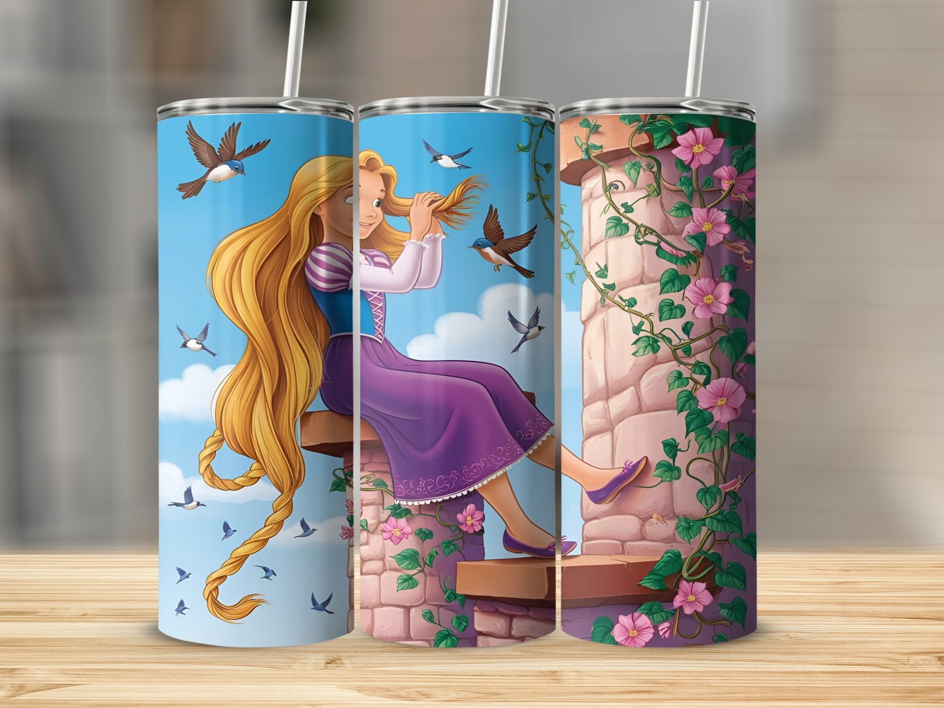 Rapunzel in purple dress sits on tower with long blonde hair and birds.