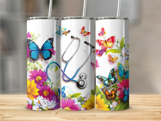Three tumblers with butterflies, flowers, and a stethoscope.