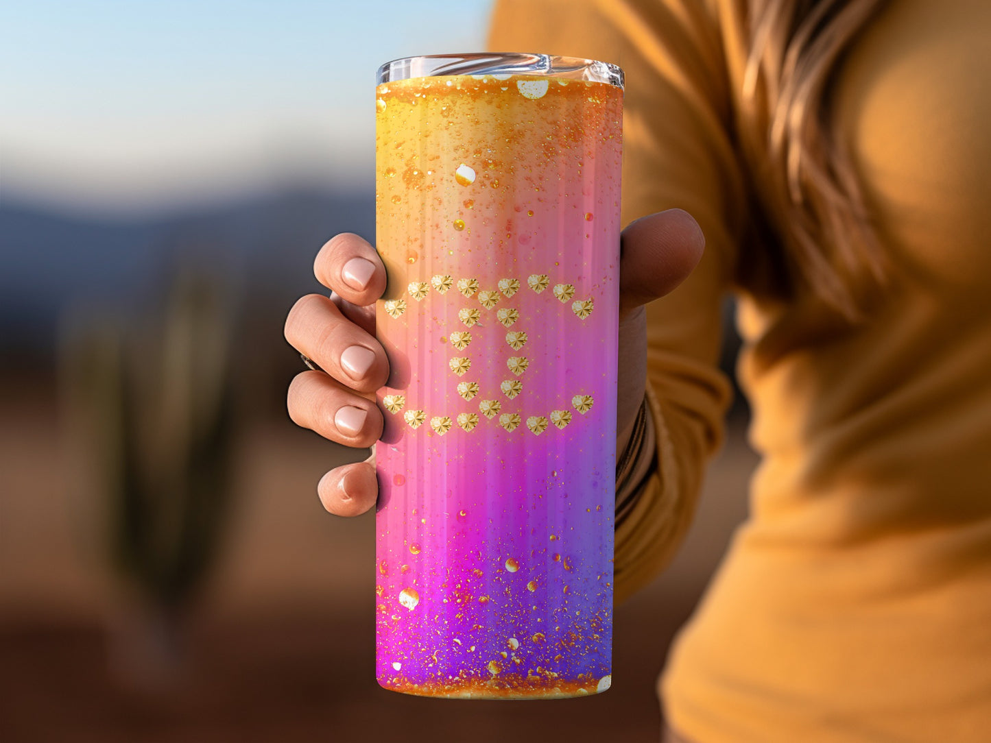 Gradient Pink and Orange Tumbler with Glitter Effects