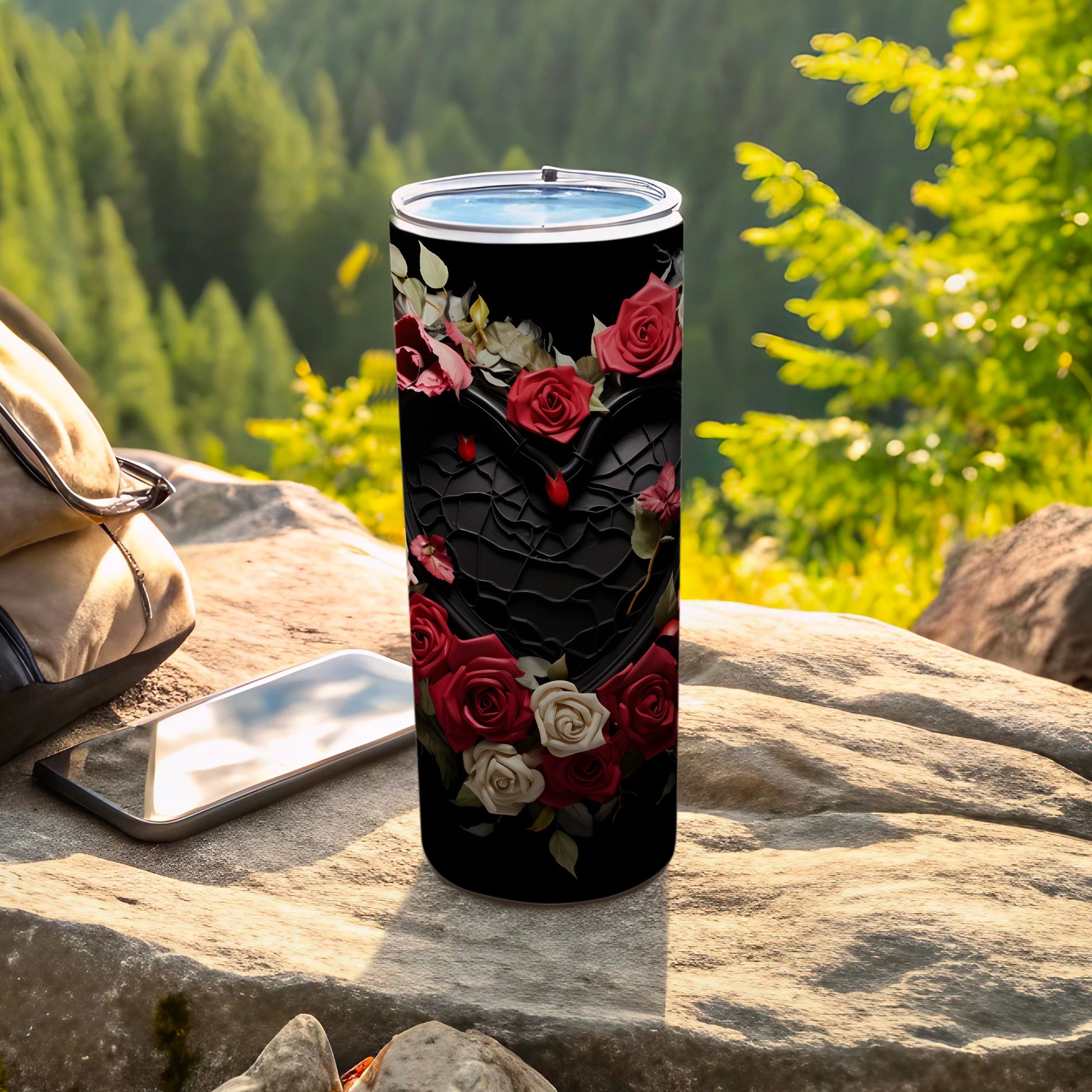 Gothic Heart and Roses Black Travel Tumbler