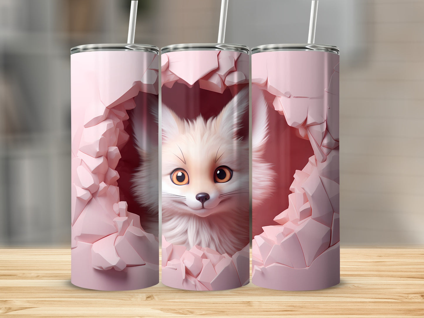 Pink Shattered Wall with Cute Fox Tumbler Design