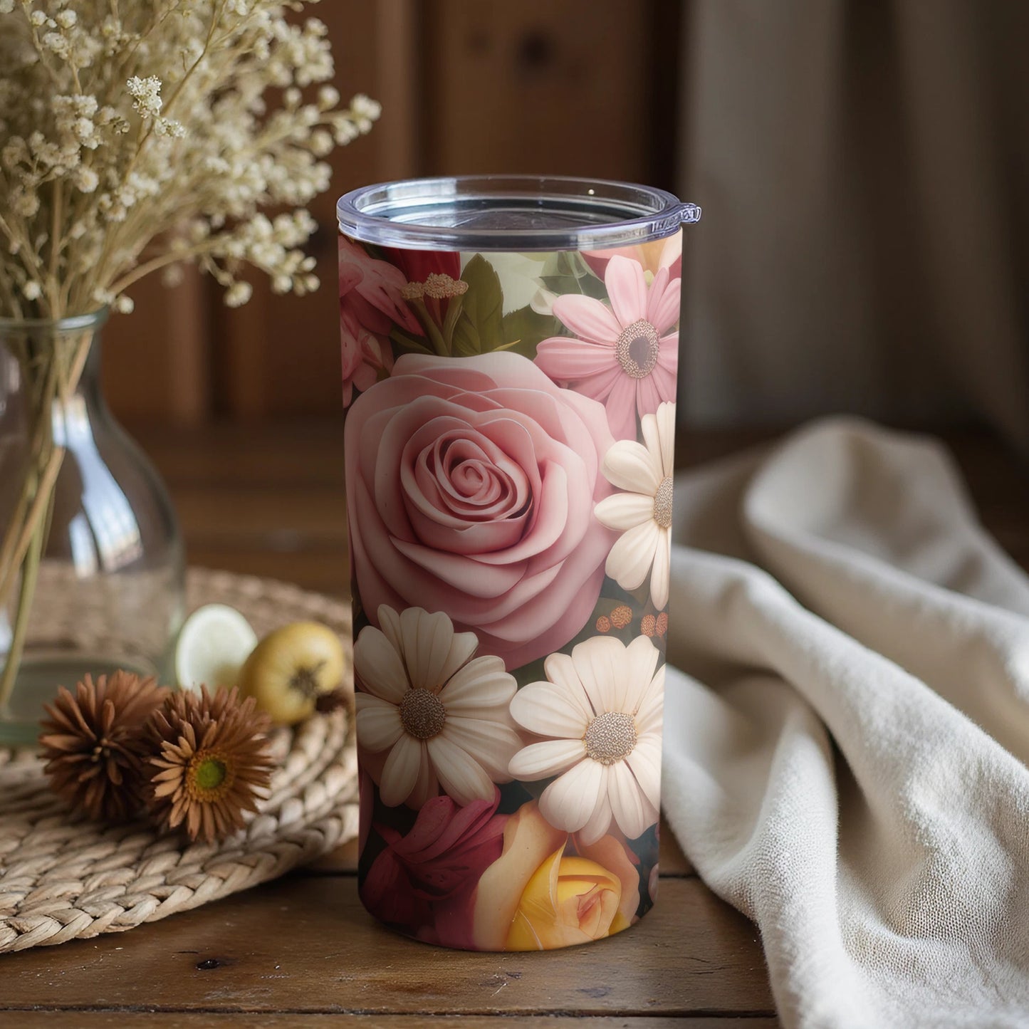 Floral Design Insulated Tumbler with Lid Cup