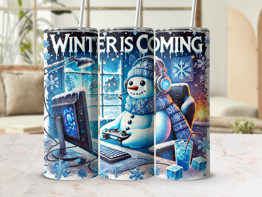 Snowman gaming on computer with headphones, "Winter is Coming" text.