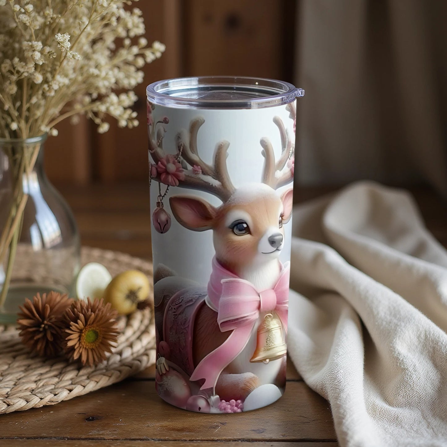 Cute Deer with Pink Ribbon Insulated Tumbler