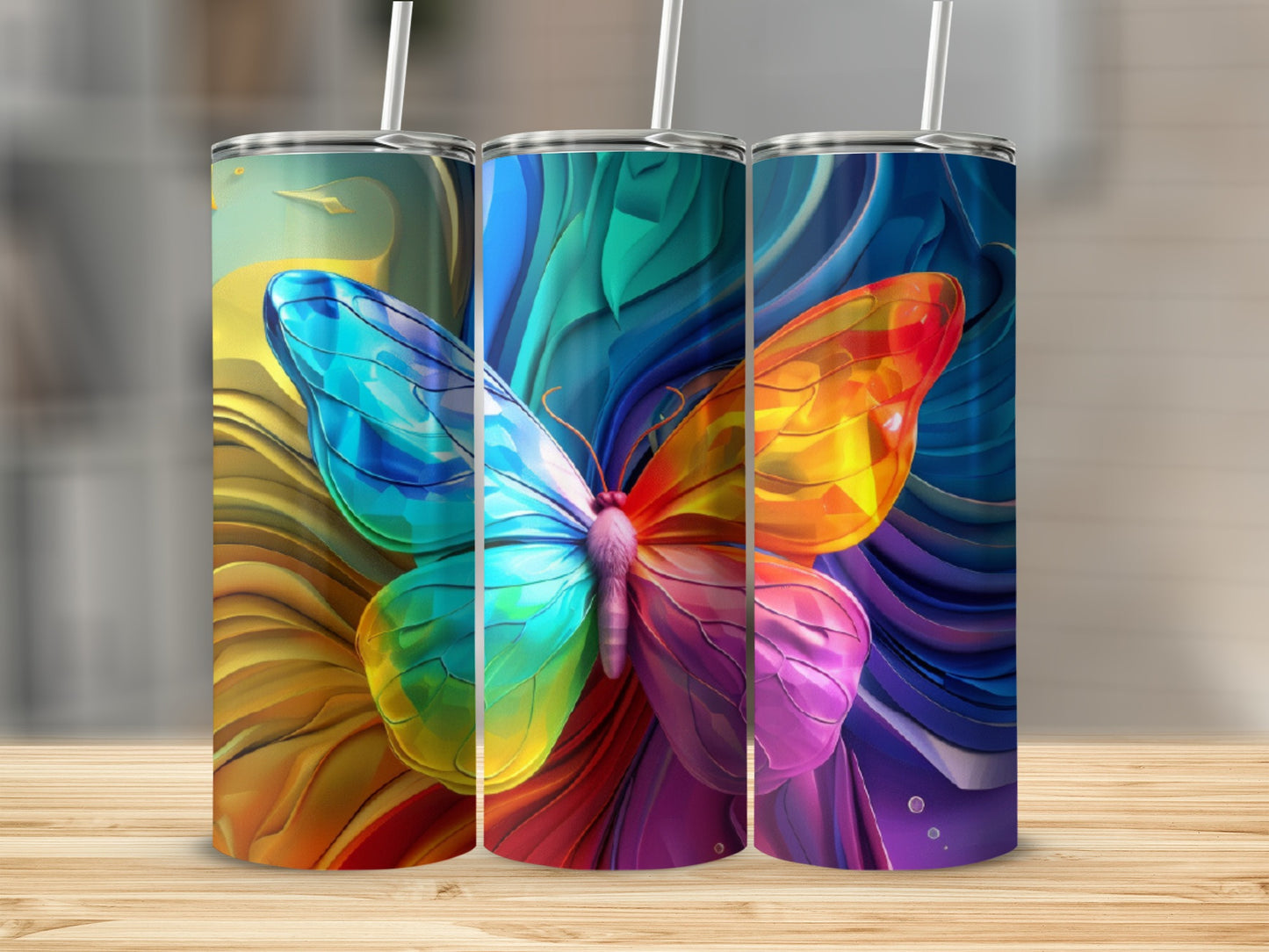 Colorful butterfly tumbler with wavy background designs.