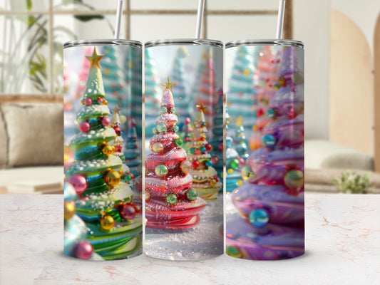 Three tumblers featuring a festive, colorful Christmas tree design.