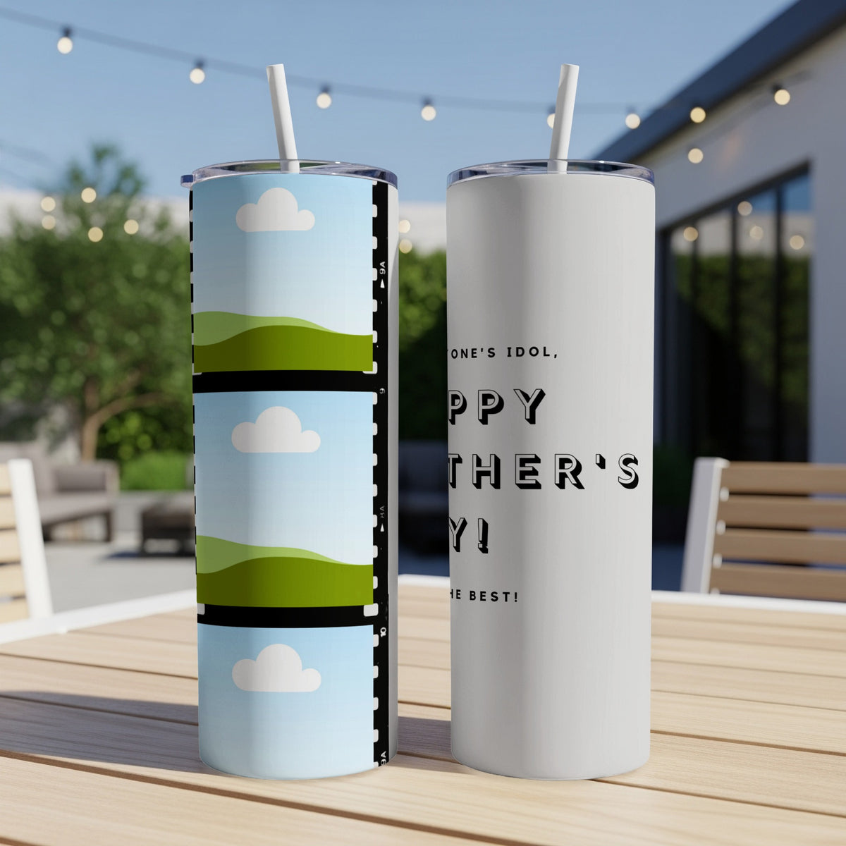 Tumblers with "Happy Father's Day" and film strip graphics.