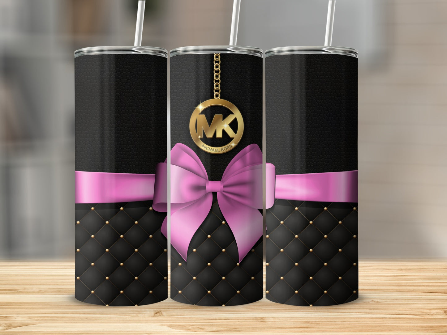 Black and Pink Ribbon Design Tumbler with Gold Accent