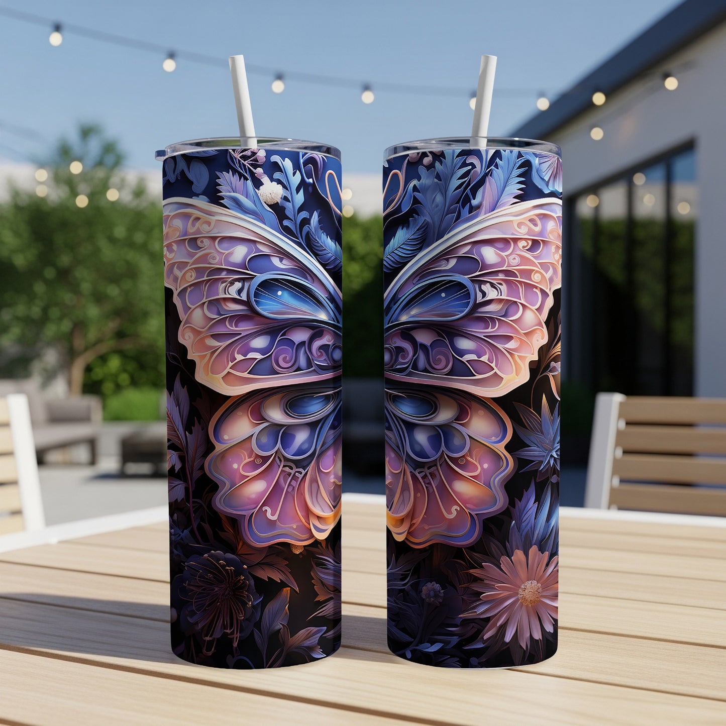 Two tumblers with ornate, colorful butterfly wing designs sit on a wooden table.