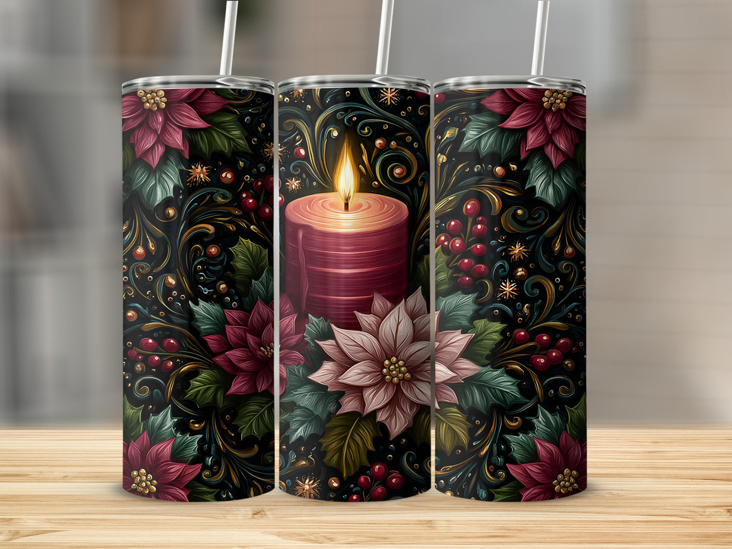 Festive Poinsettia and Candle Drinkware Tumbler Design