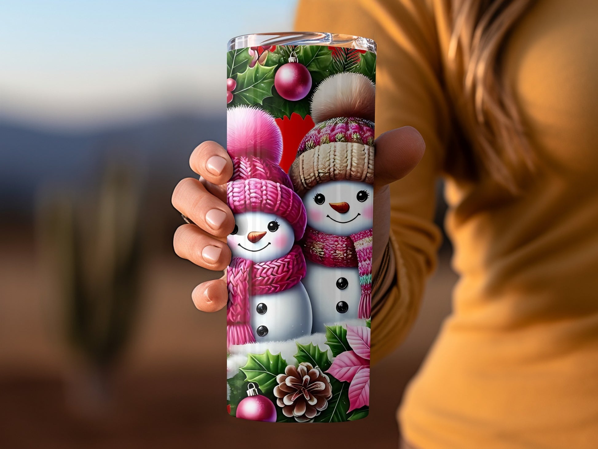 Snowmen Holiday Design with Pink Knit Hats Tumbler