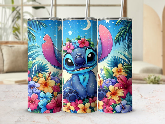 Cute Blue Alien with Floral Design Tumbler