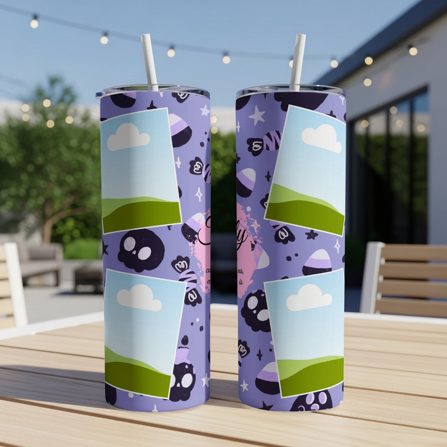 Purple tumbler with spooky candy and skull pattern, featuring photo placeholders.