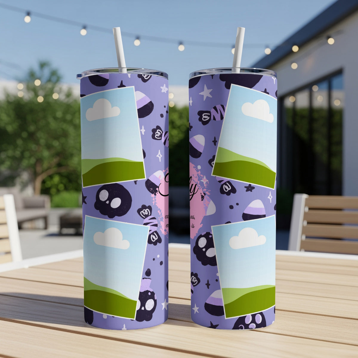 Purple tumbler with spooky candy and skull pattern, featuring photo placeholders.