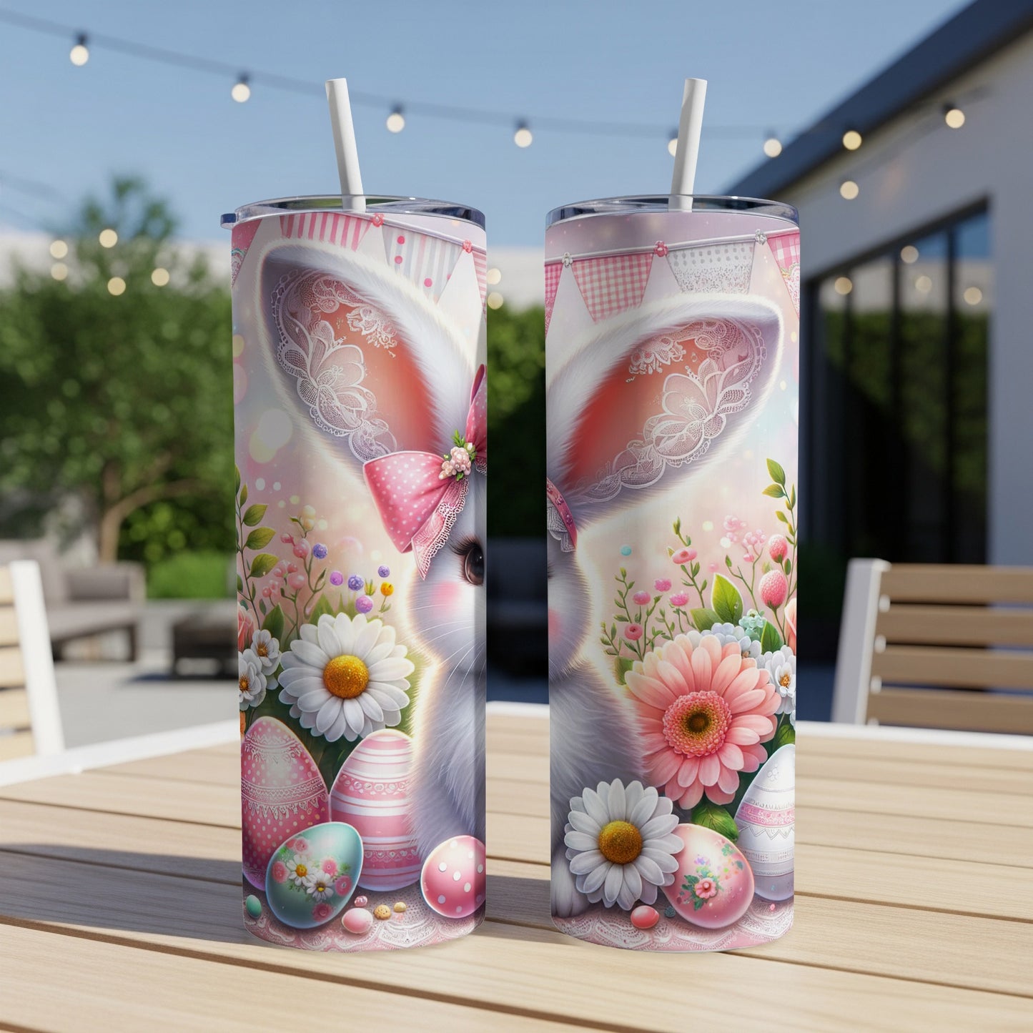 Easter bunny and flowers design on two tumblers.