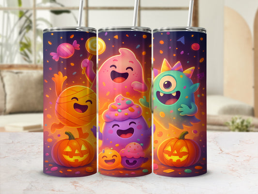 Tumblers featuring cartoon Halloween monsters, candy, and jack-o'-lanterns.