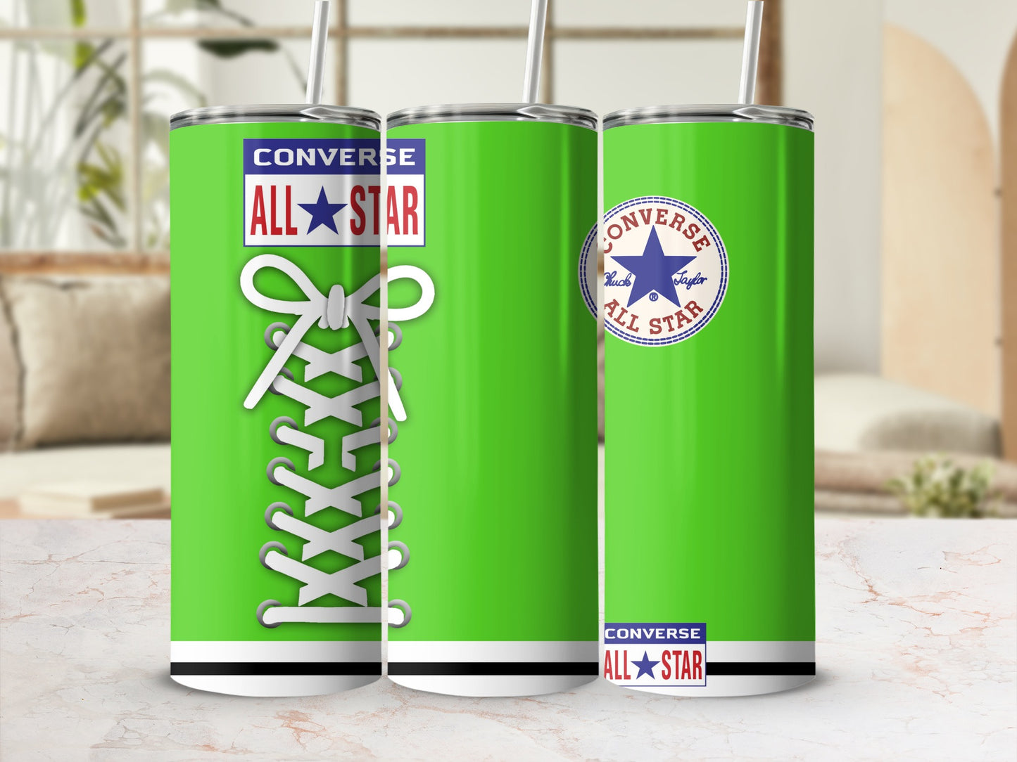 Green Converse All Star tumbler with white laces and star logo.