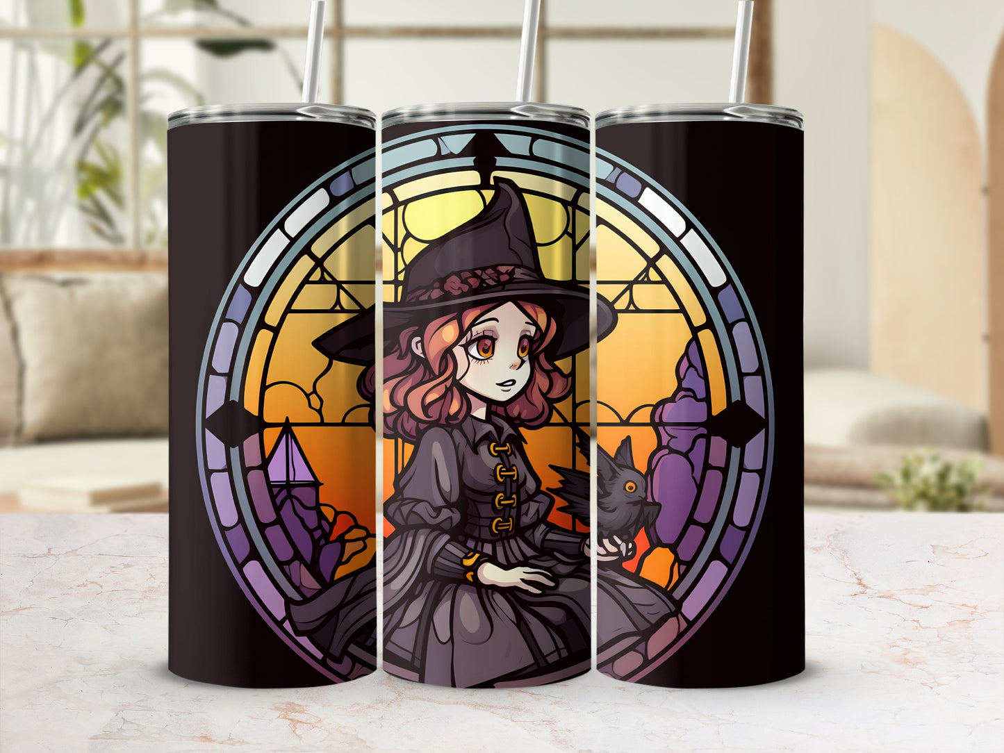 Witch with black cat in stained glass circular frame, wearing hat.