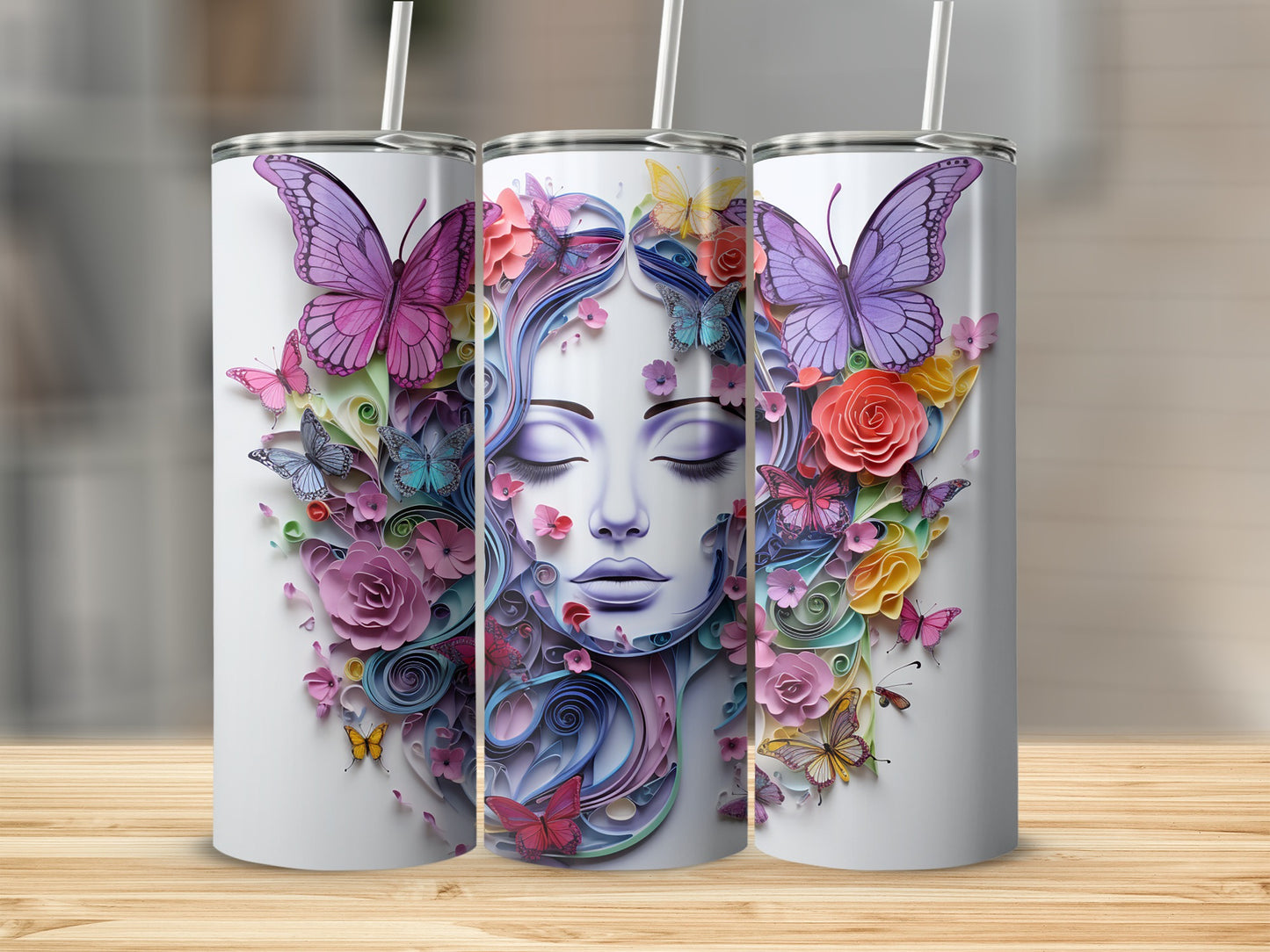 Colorful Face and Butterflies Design Tumbler Product