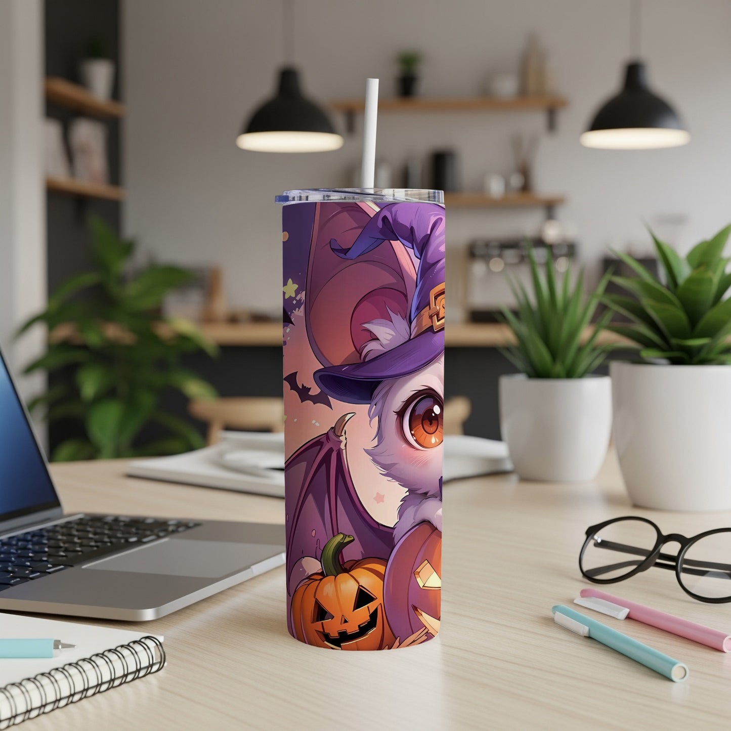 Halloween tumbler with a cute bat character wearing a witch hat and holding pumpkins.