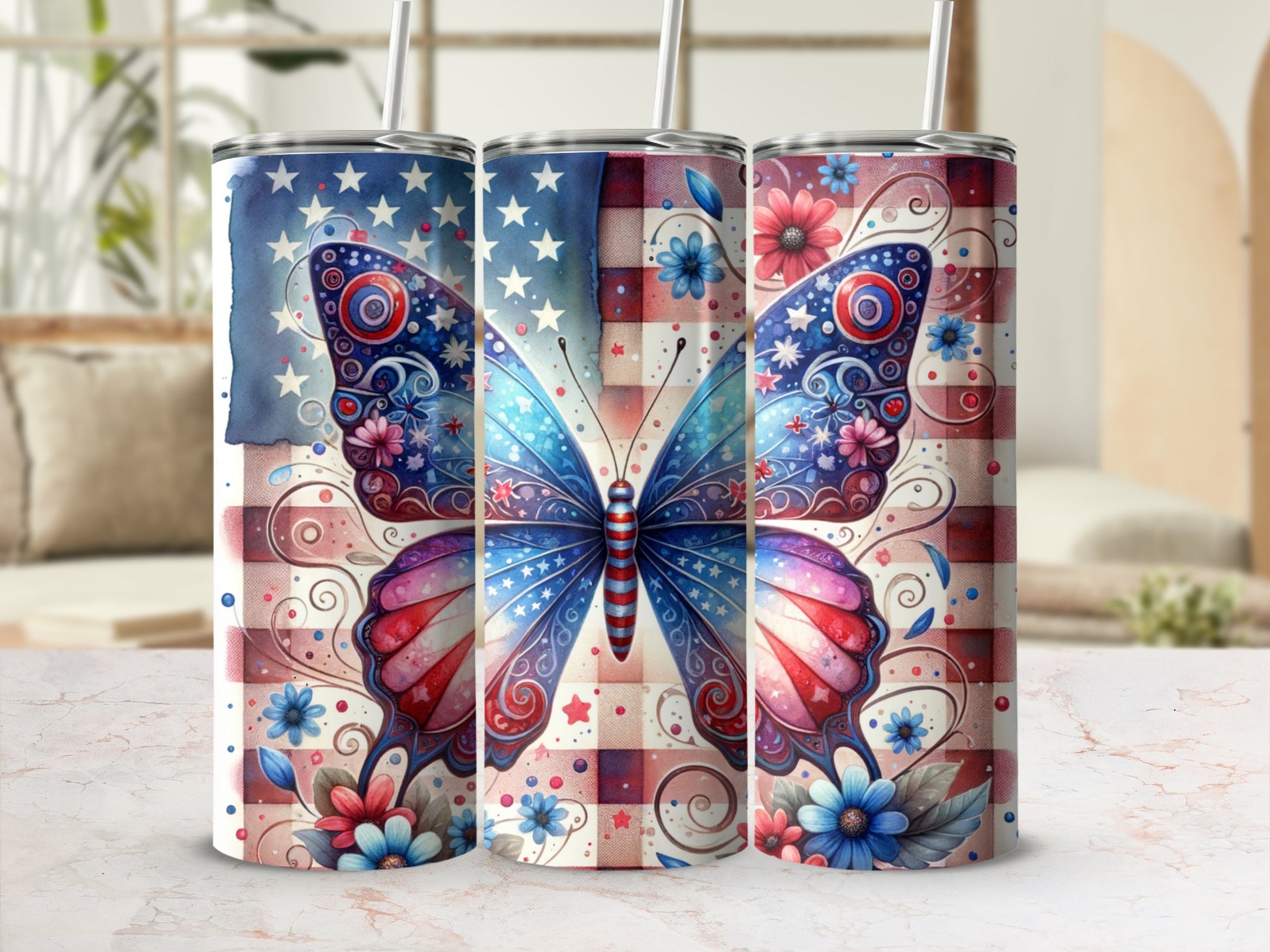 Patriotic butterfly tumbler with stars and red, white, and blue floral accents.