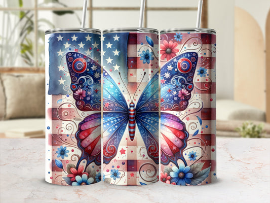 Patriotic butterfly tumbler with stars and red, white, and blue floral accents.