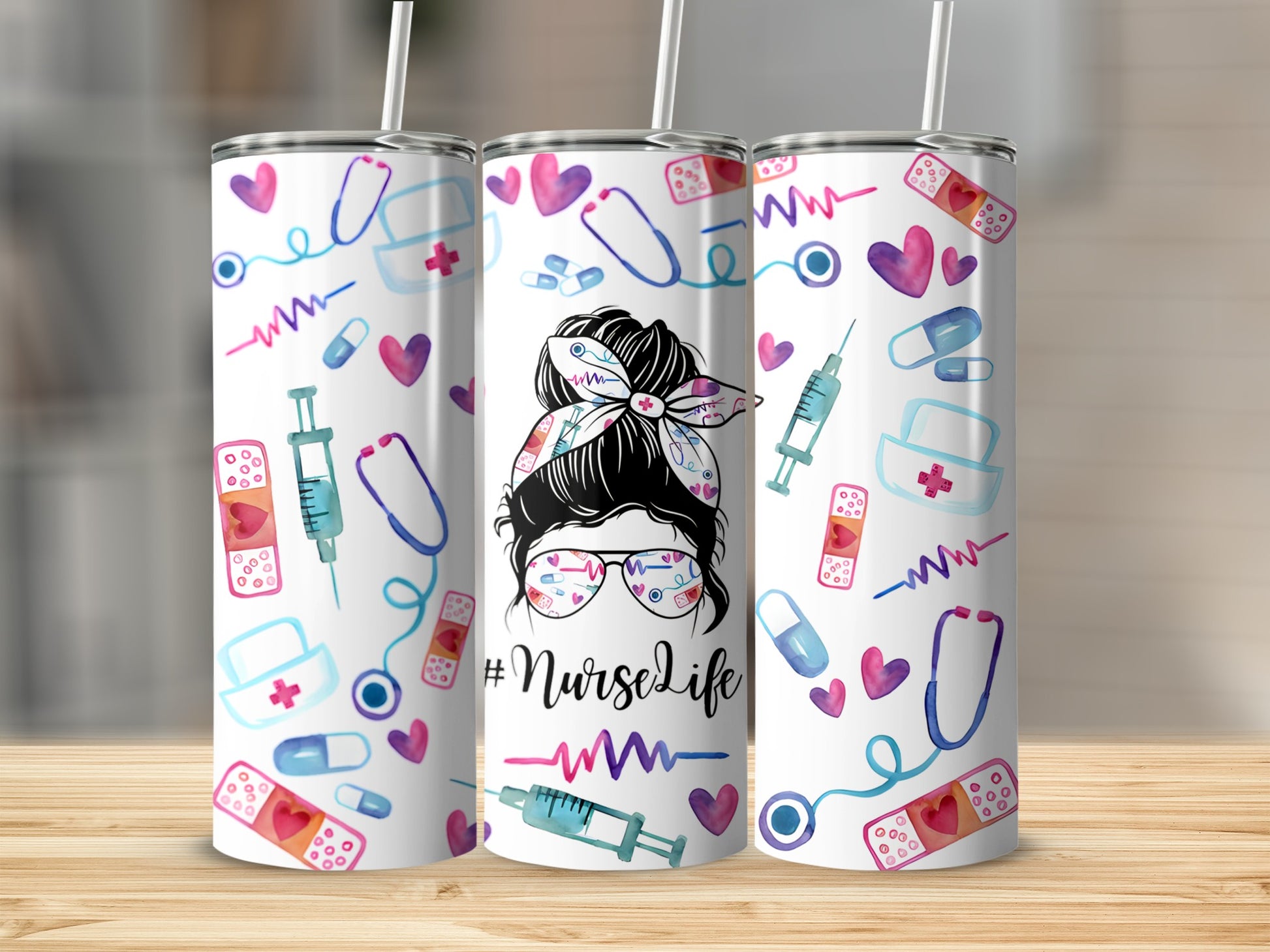 Nurse tumbler with medical icons, hearts, and messy bun graphic.