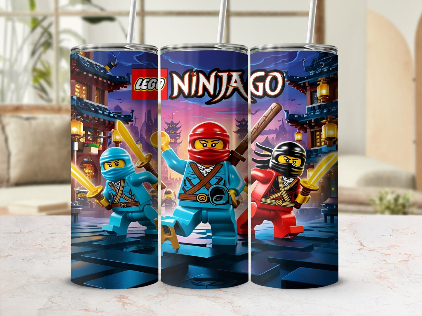 LEGO Ninjago characters in action against a city backdrop.