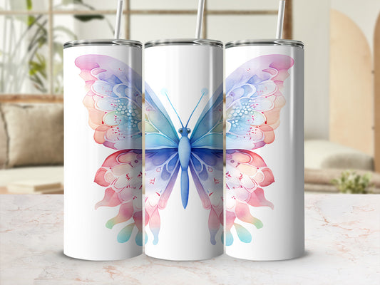 White tumblers featuring a watercolor butterfly design.