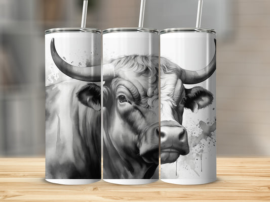 Black and white watercolor bull design on three tumblers.