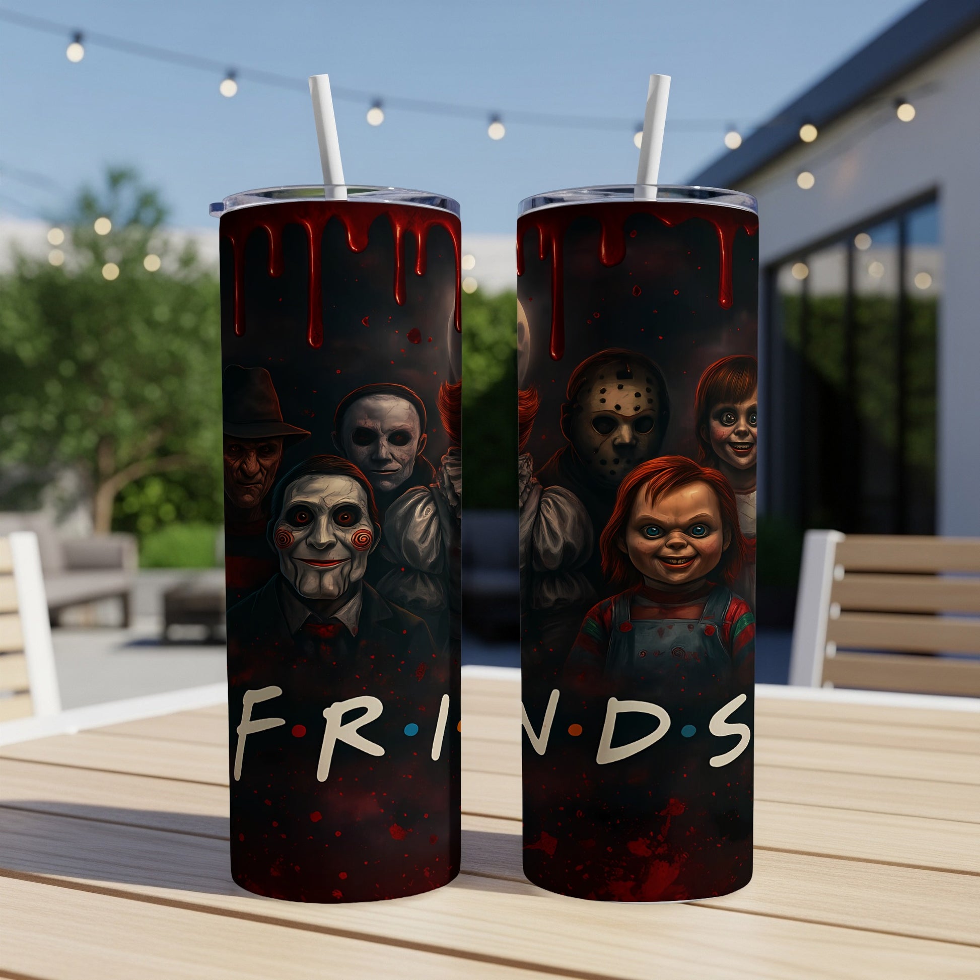 Horror villains on a tumbler with dripping red accents and "F•R•I•E•N•D•S" text.