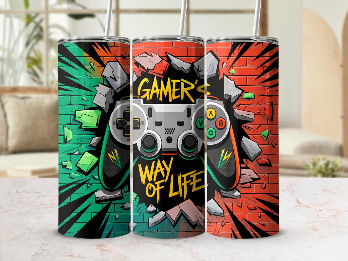 Gaming controller with "Gamer's Way of Life" text on cracked brick background.