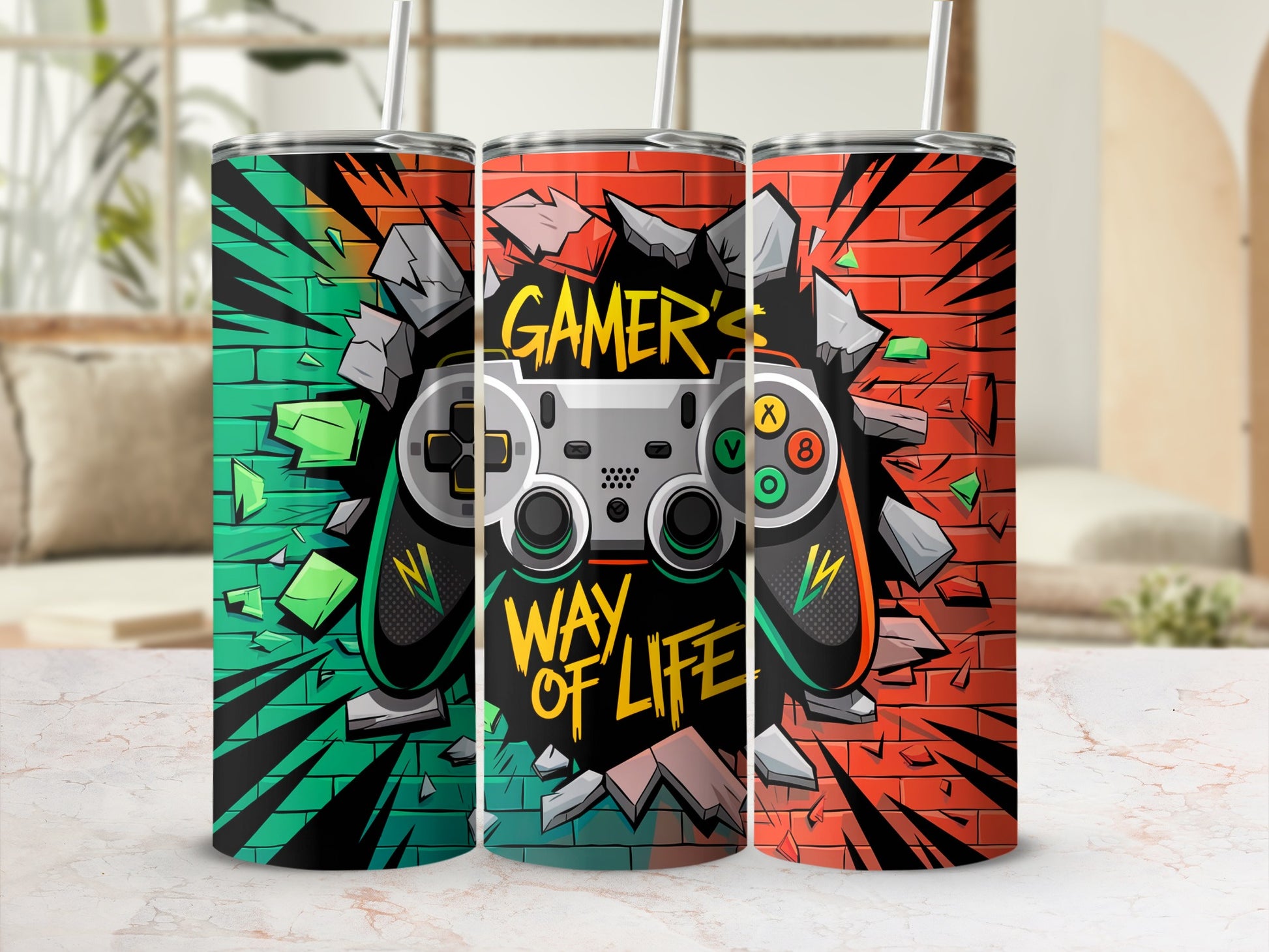 Gaming controller with "Gamer's Way of Life" text on cracked brick background.