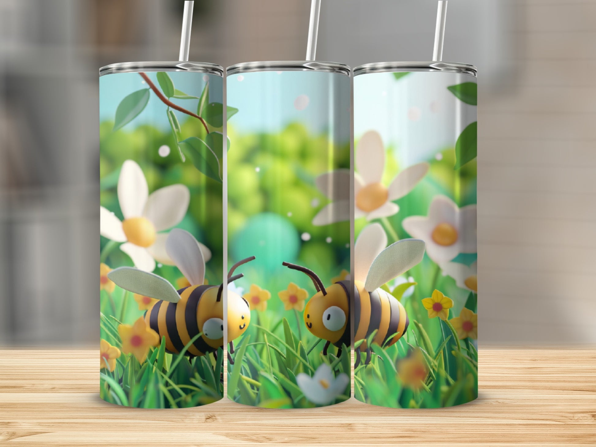 Three tumblers with cartoon bees in a grassy, floral background.