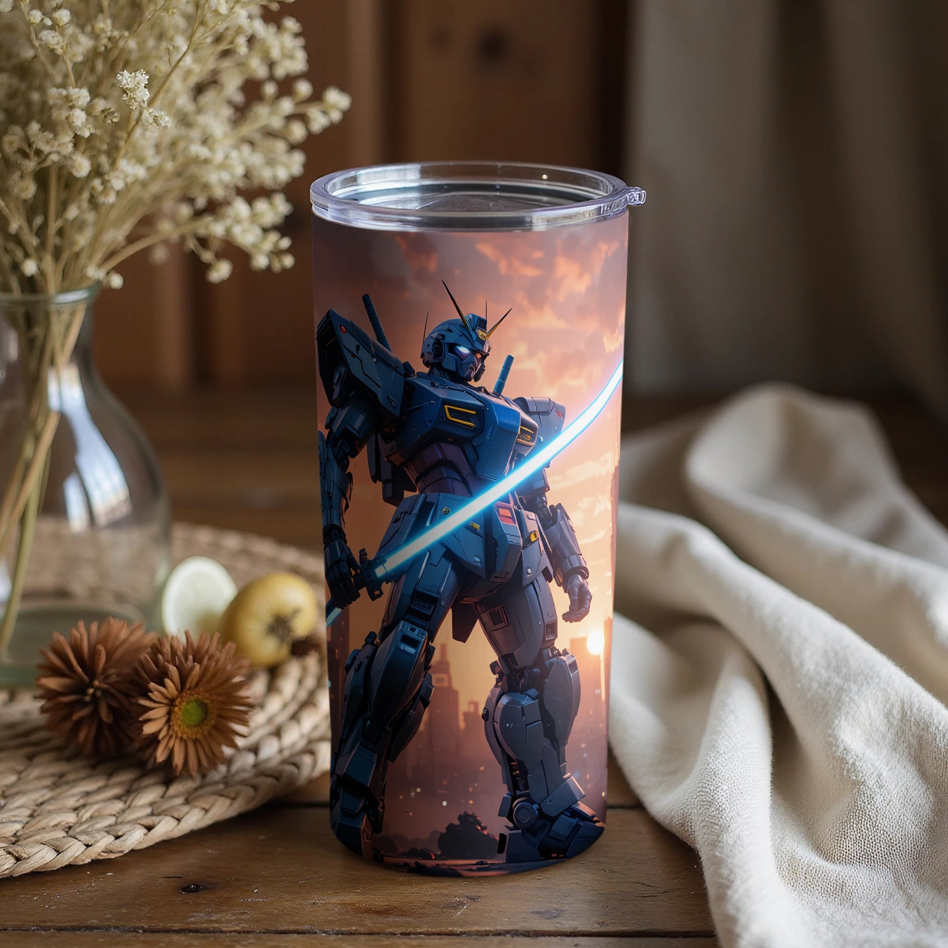 Futuristic Robot Warrior with Glowing Sword Tumbler