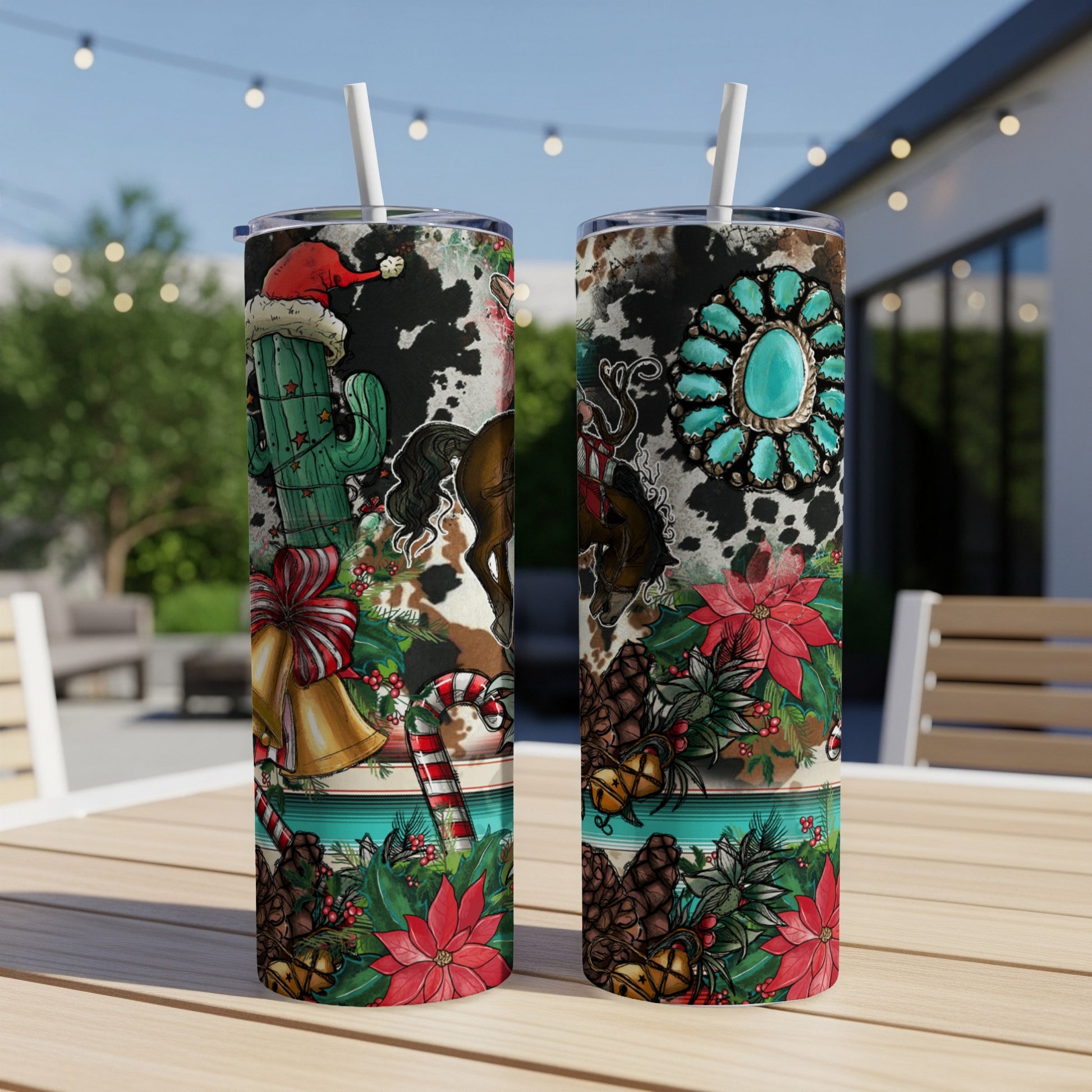 Western Christmas tumbler with cowboy boots, cactus, and horse.