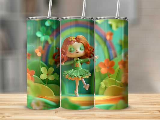 3D rendering of a green tumbler with a cartoon girl dancing in a colorful garden.