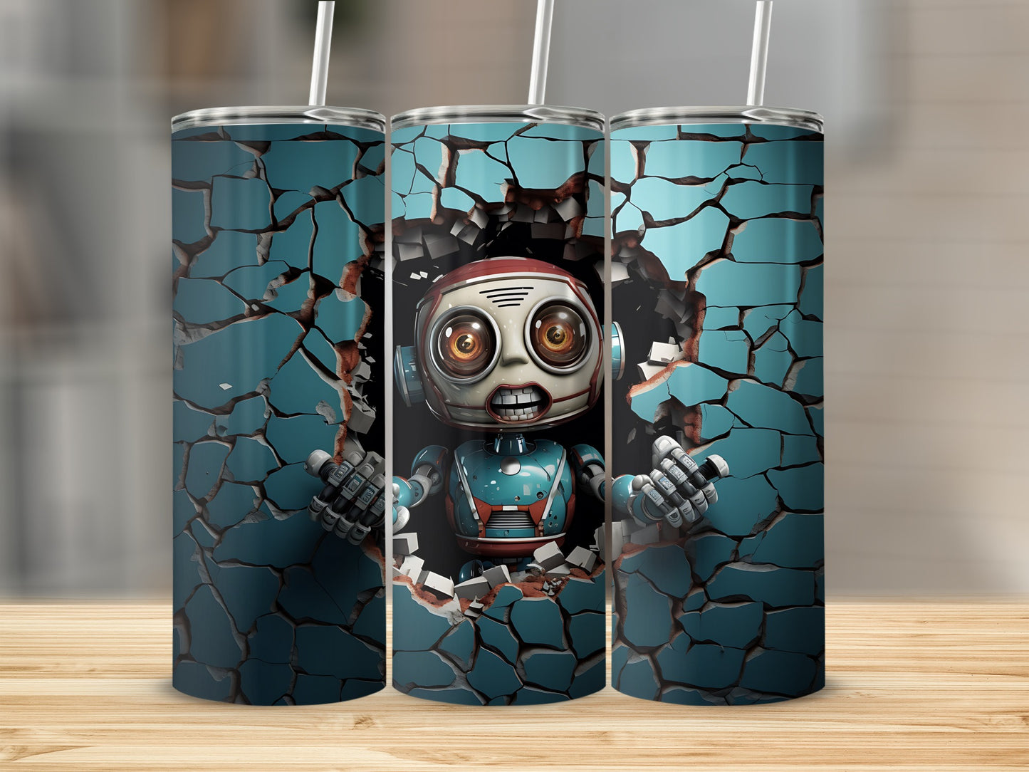 Cracked Wall Design Tumbler with Robot Artwork