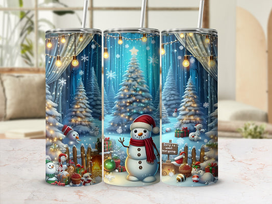 Festive Snowman and Christmas Tree Scene Tumbler