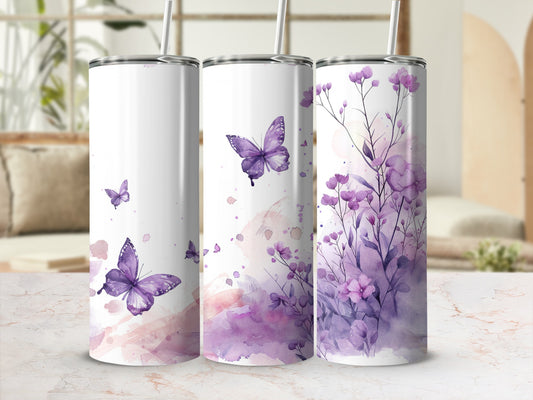 Three tumblers with purple butterflies and floral watercolor designs.