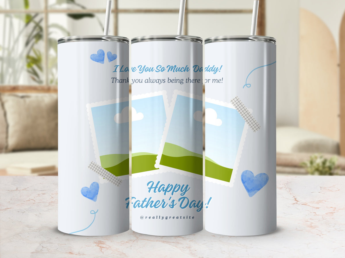 Tumbler with "Happy Father's Day" text, photos, and blue hearts.