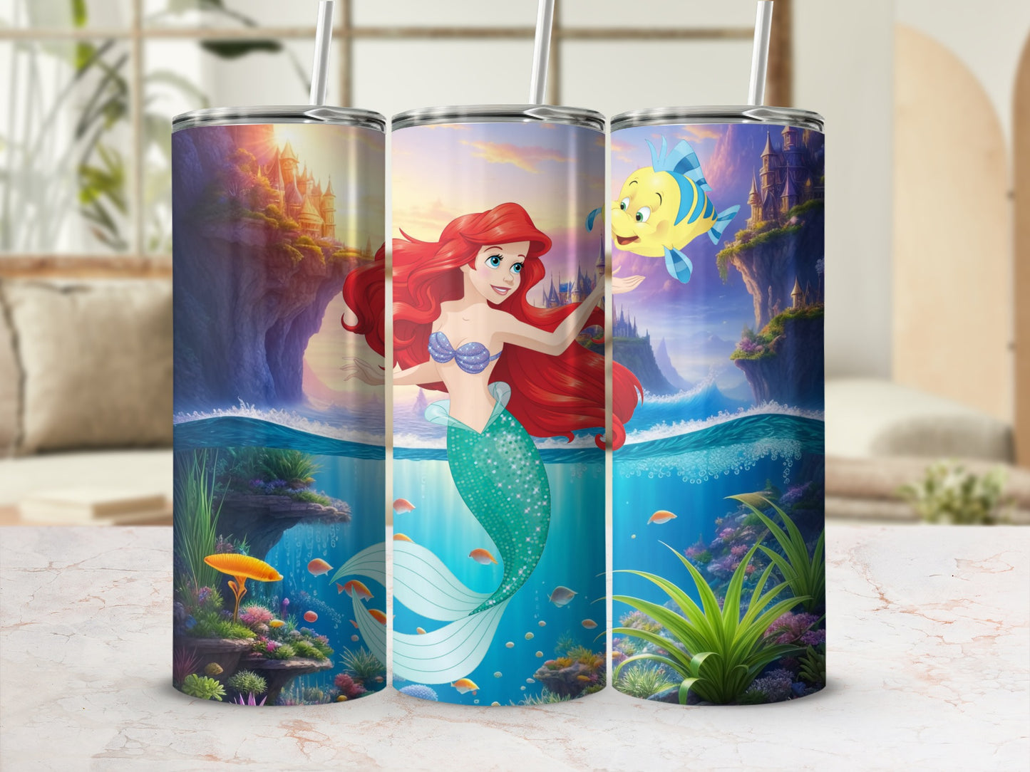 Mermaid and Fish Tumbler With Scenic Ocean Background