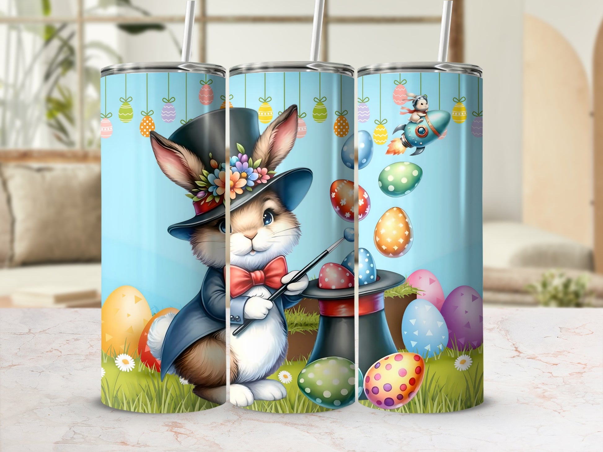 Colorful Easter Bunny and Eggs Tumbler With Straw